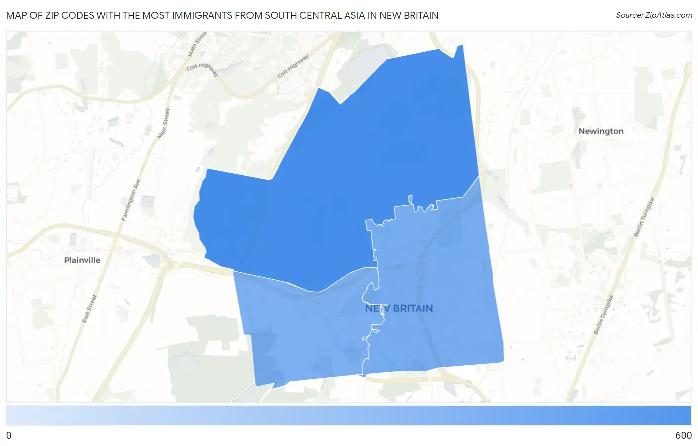 Zip Codes with the Most Immigrants from South Central Asia in New Britain Map