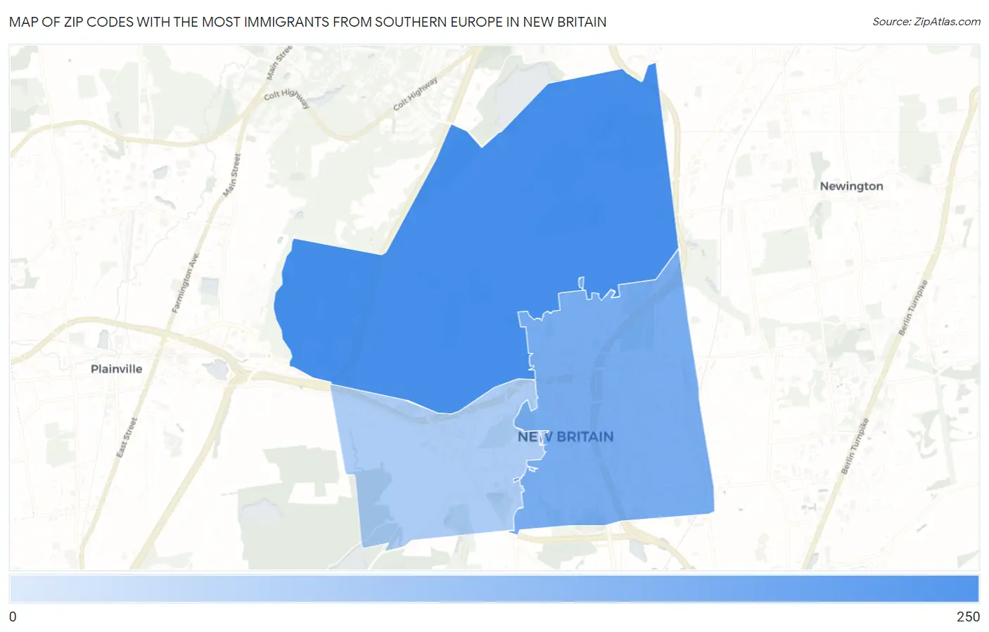 Zip Codes with the Most Immigrants from Southern Europe in New Britain Map