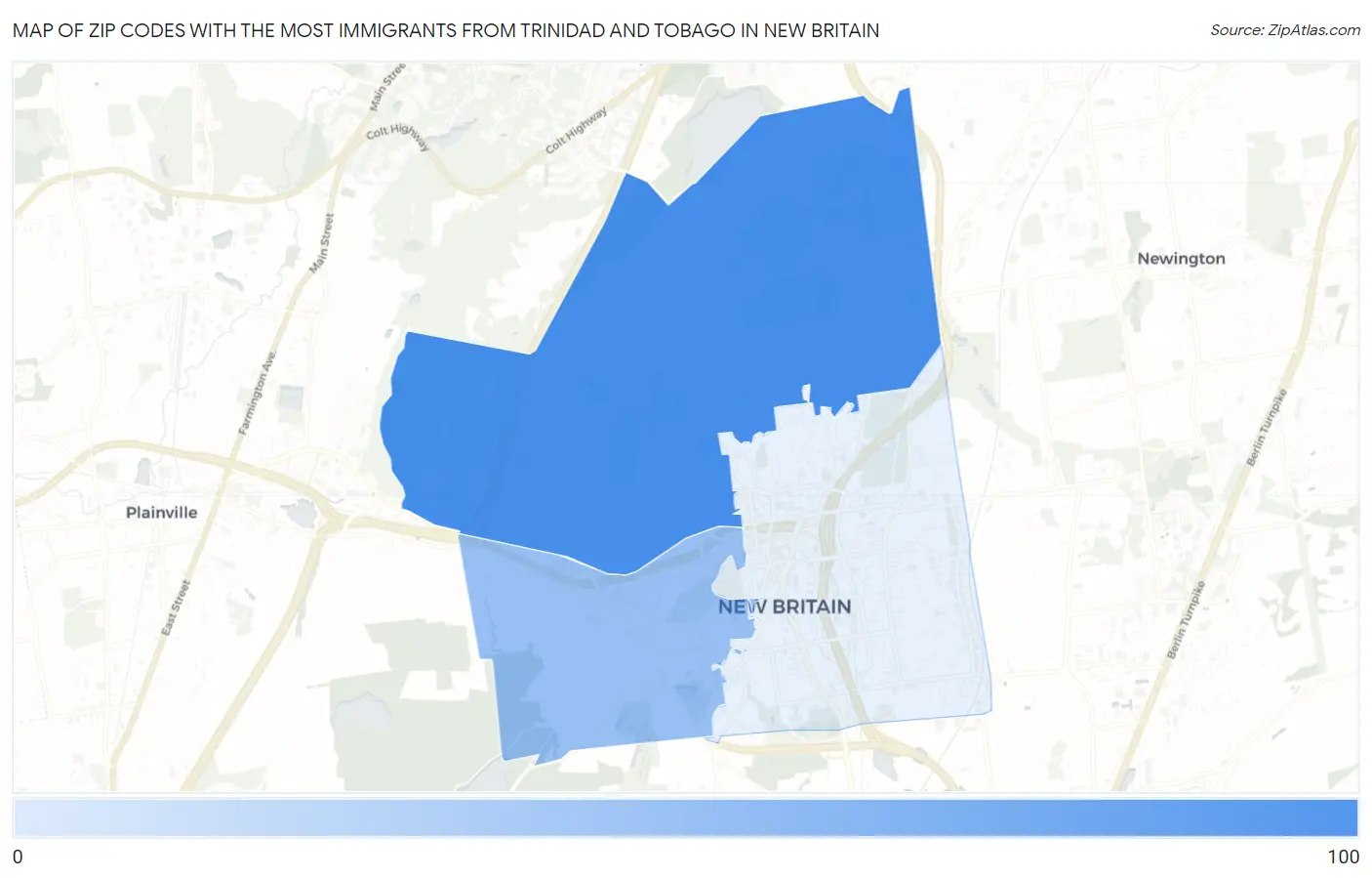Zip Codes with the Most Immigrants from Trinidad and Tobago in New Britain Map