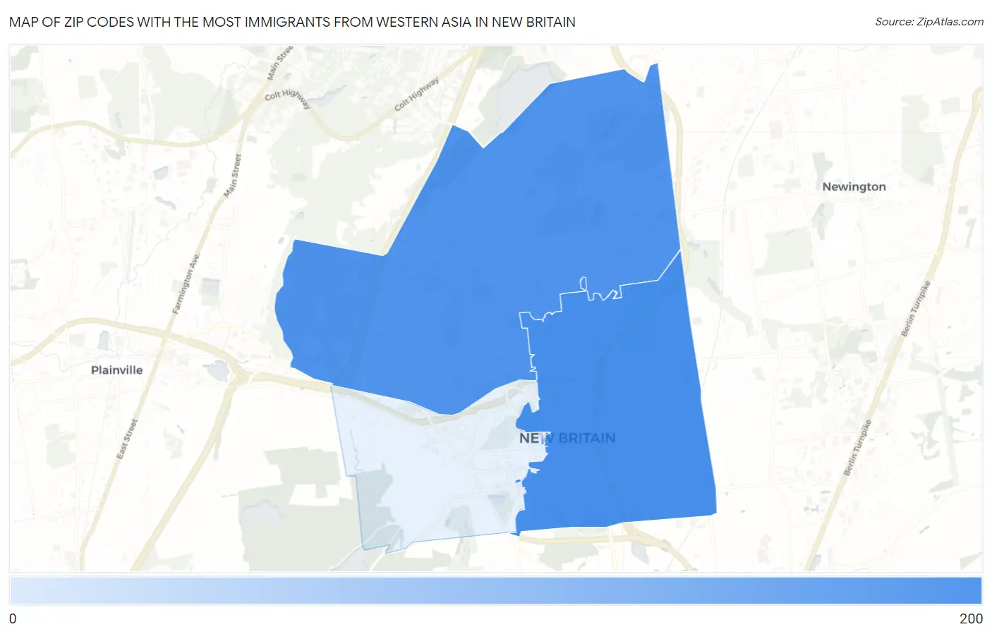 Zip Codes with the Most Immigrants from Western Asia in New Britain Map