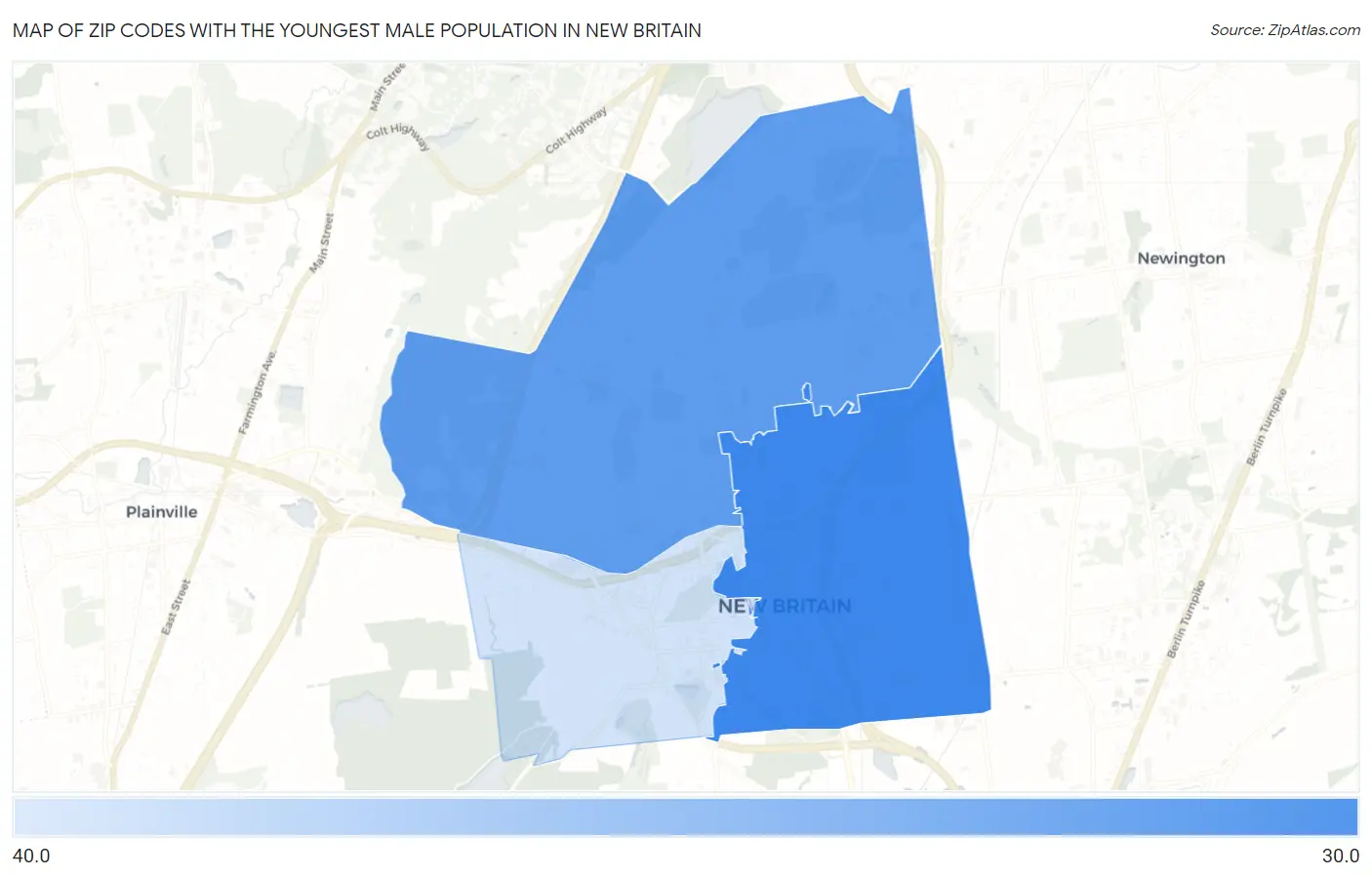 Zip Codes with the Youngest Male Population in New Britain Map