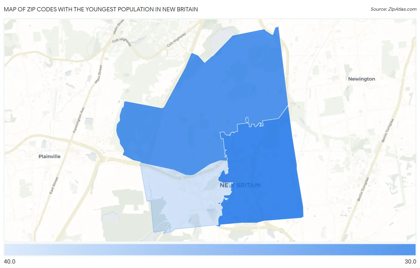 Zip Codes with the Youngest Population in New Britain Map