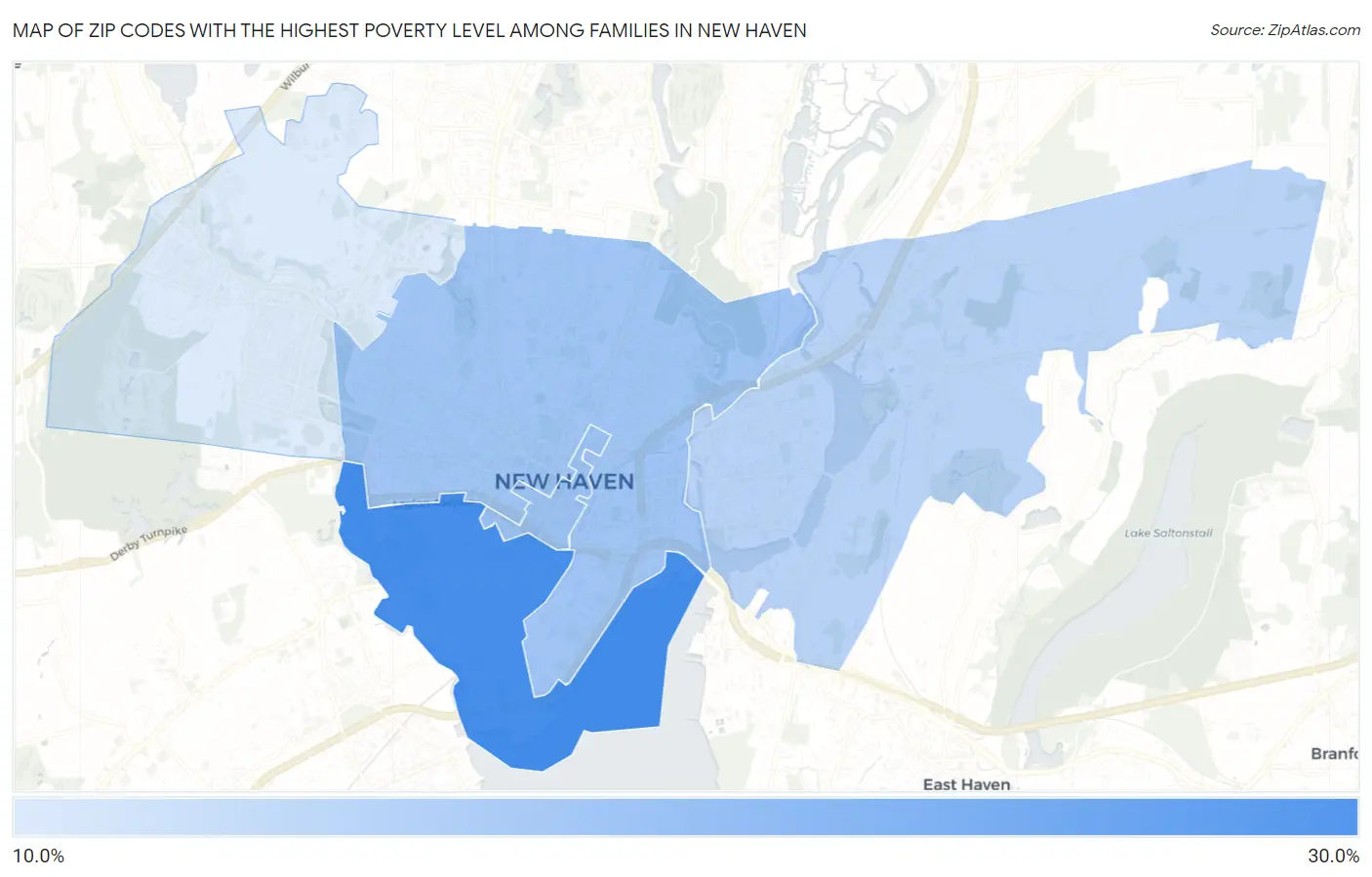 Zip Codes with the Highest Poverty Level Among Families in New Haven Map
