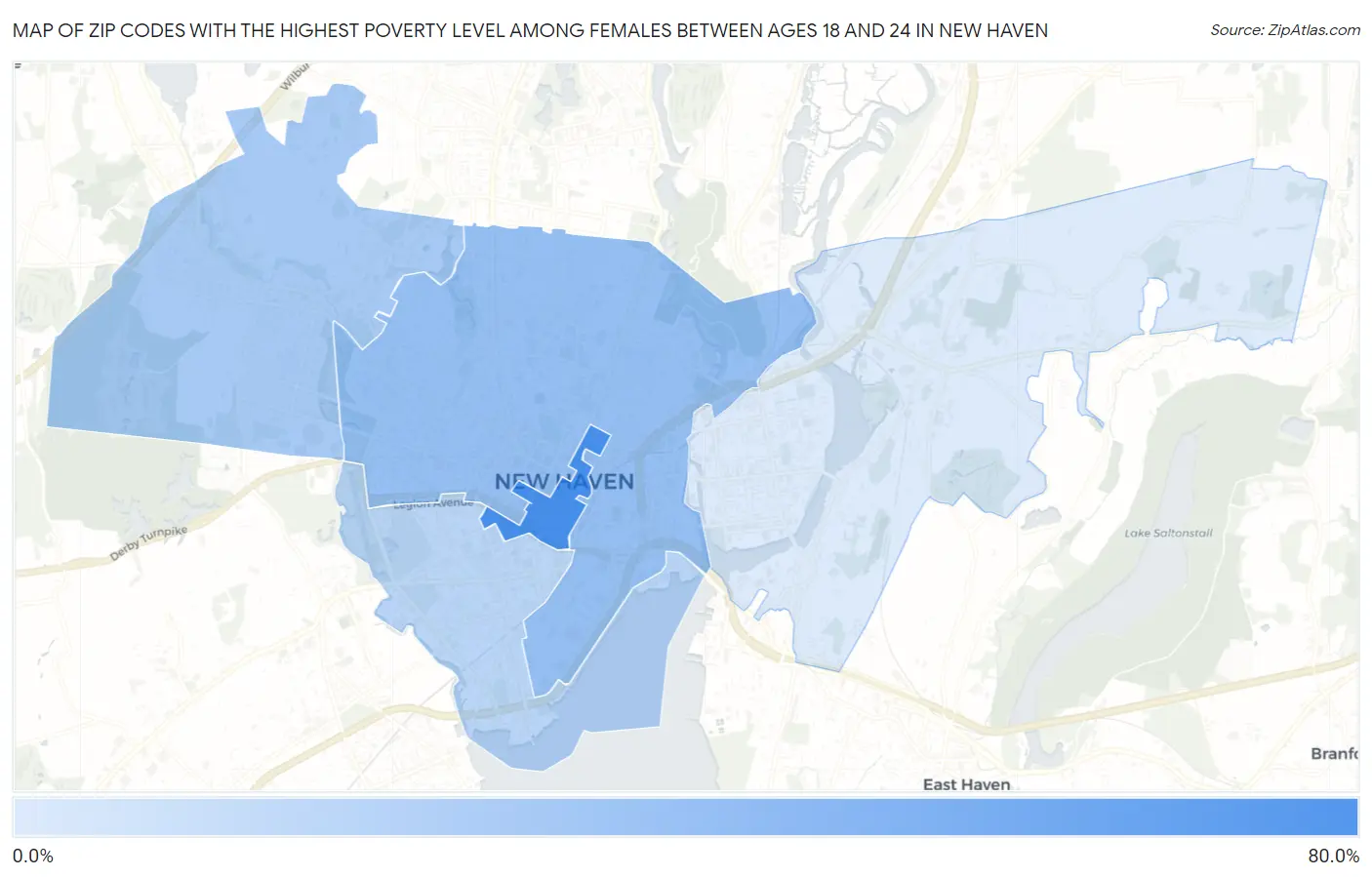 Zip Codes with the Highest Poverty Level Among Females Between Ages 18 and 24 in New Haven Map