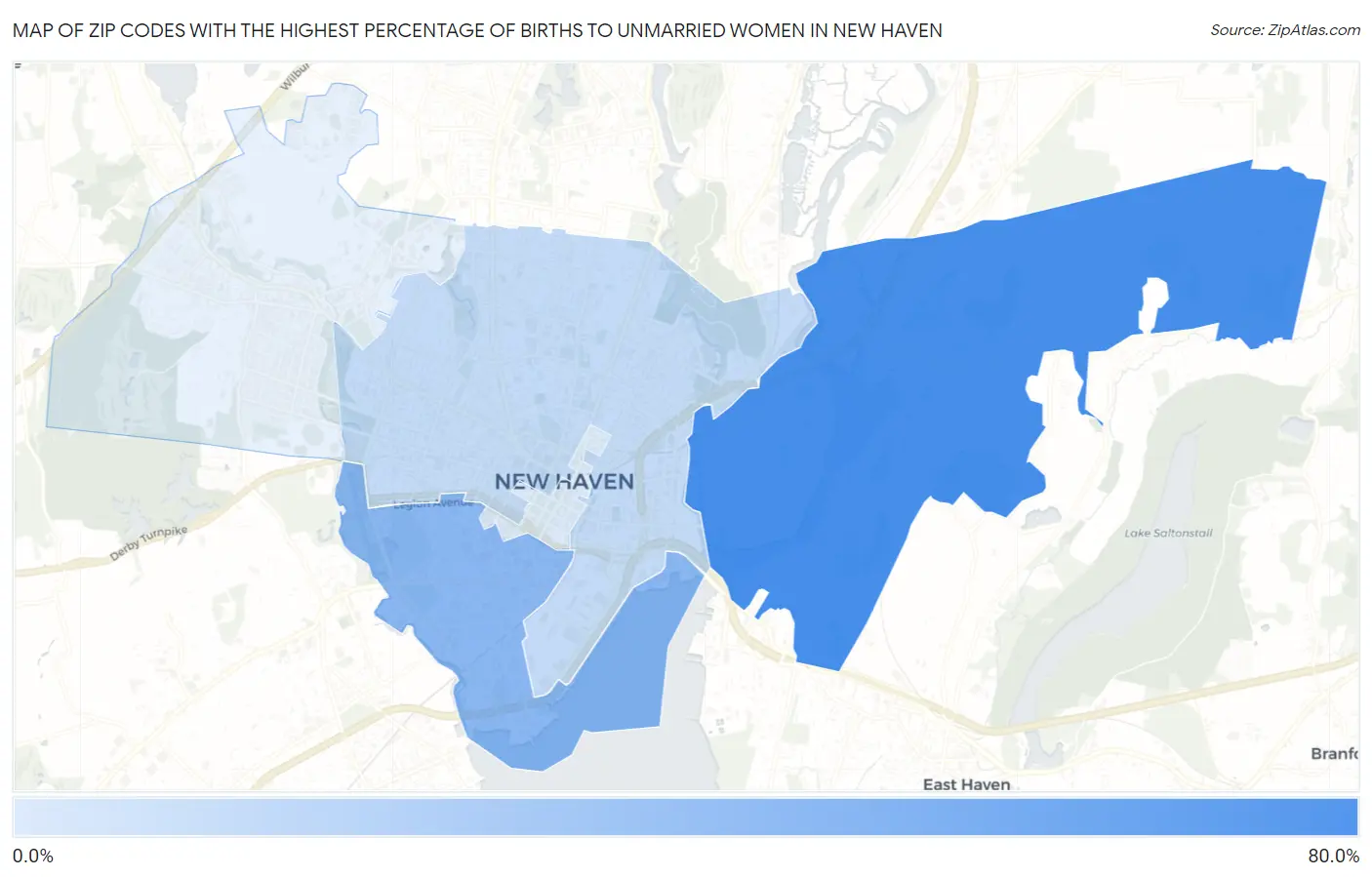 Zip Codes with the Highest Percentage of Births to Unmarried Women in New Haven Map