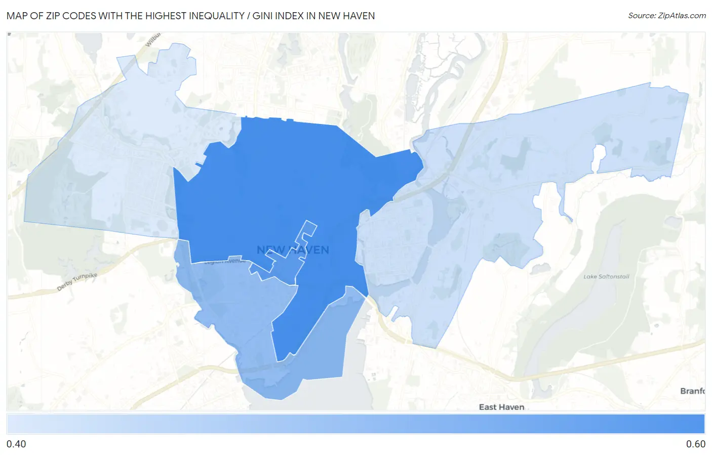 Zip Codes with the Highest Inequality / Gini Index in New Haven Map