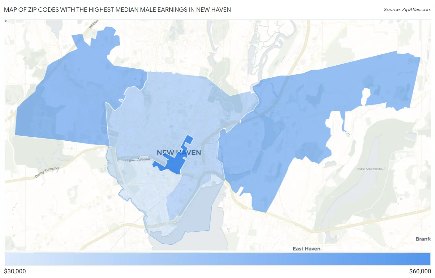 Zip Codes with the Highest Median Male Earnings in New Haven Map