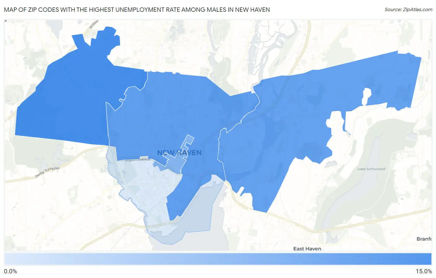 Zip Codes with the Highest Unemployment Rate Among Males in New Haven Map