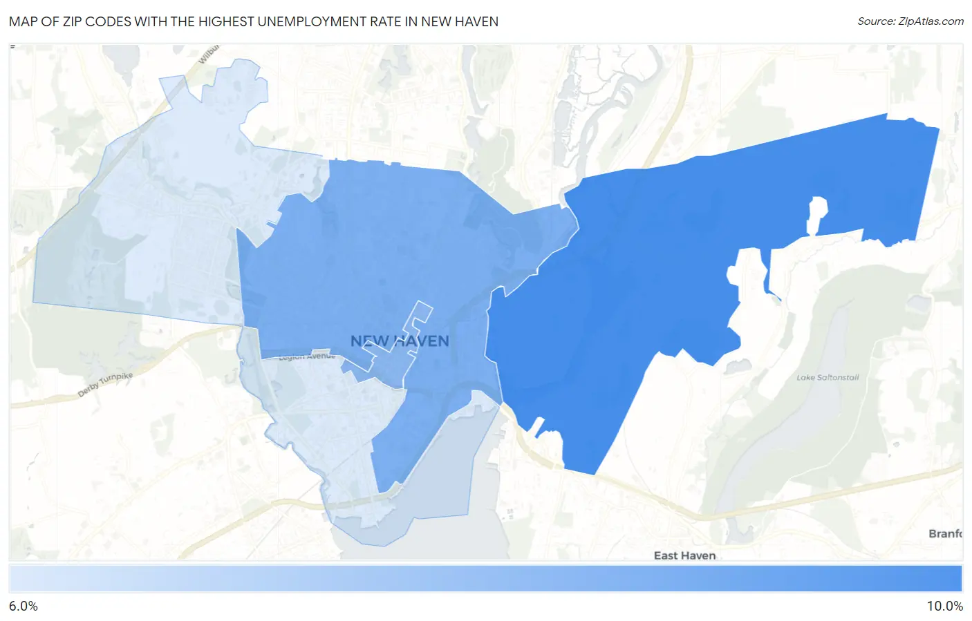 Zip Codes with the Highest Unemployment Rate in New Haven Map