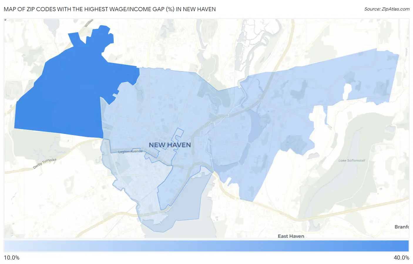 Zip Codes with the Highest Wage/Income Gap (%) in New Haven Map
