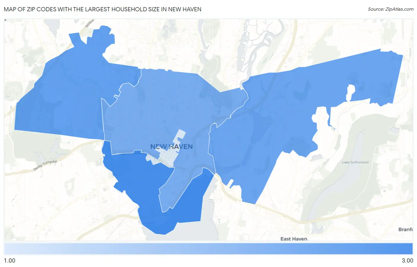 Zip Codes with the Largest Household Size in New Haven Map