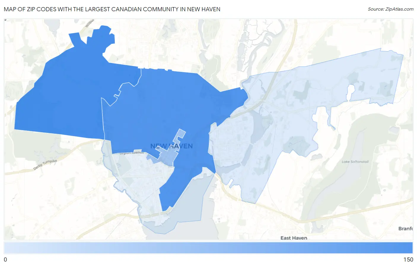 Zip Codes with the Largest Canadian Community in New Haven Map