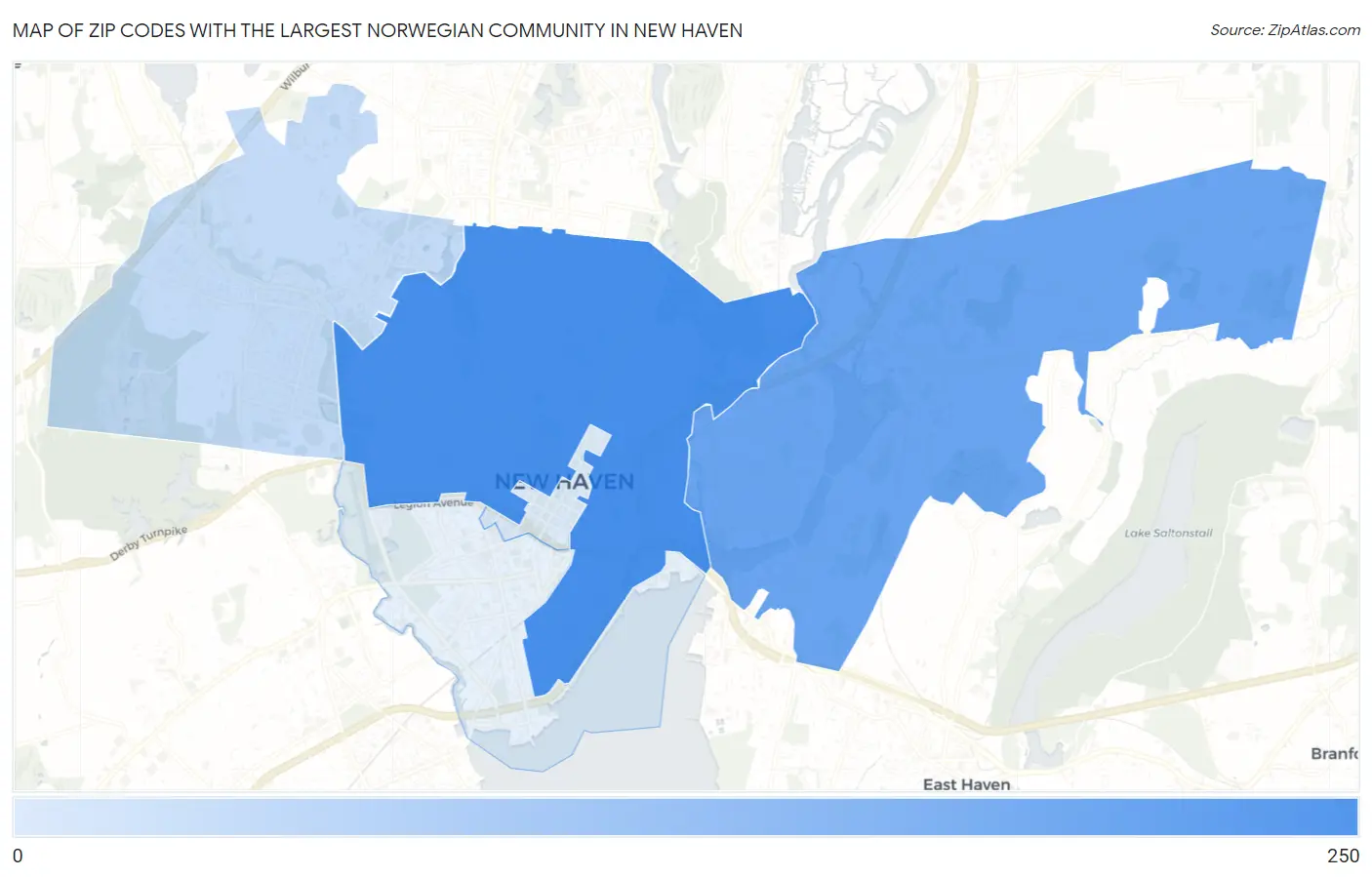 Zip Codes with the Largest Norwegian Community in New Haven Map
