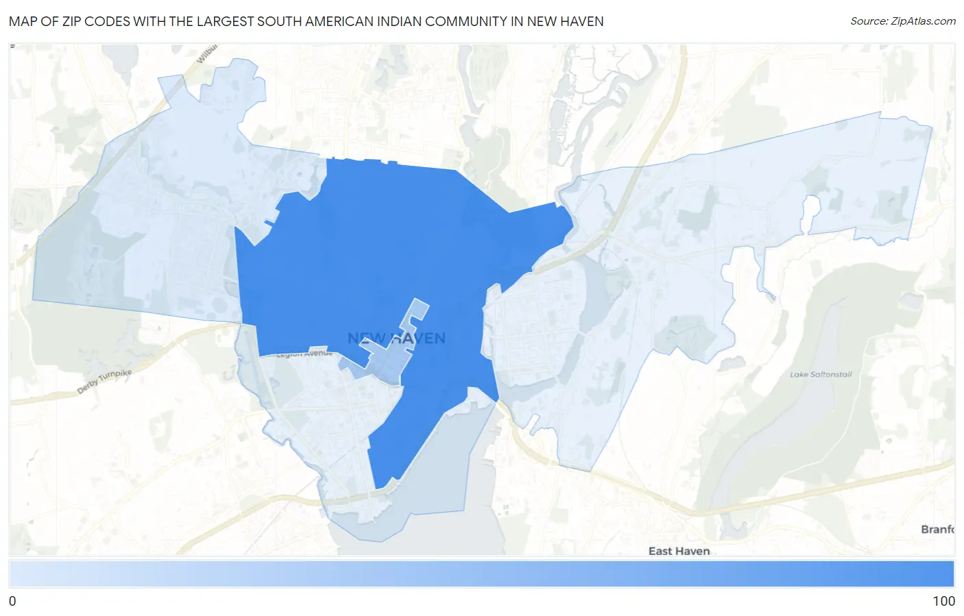 Zip Codes with the Largest South American Indian Community in New Haven Map