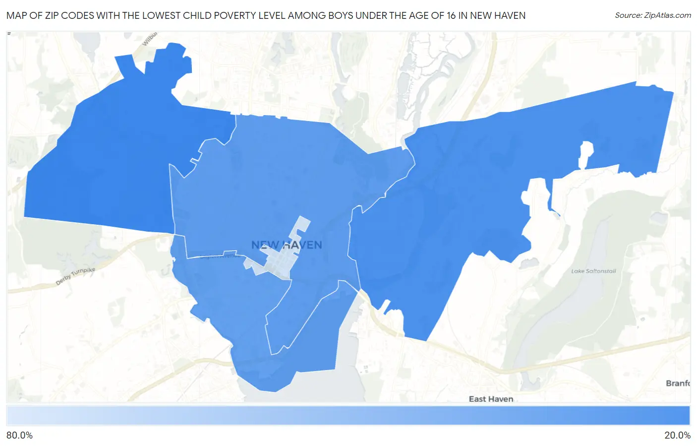 Zip Codes with the Lowest Child Poverty Level Among Boys Under the Age of 16 in New Haven Map