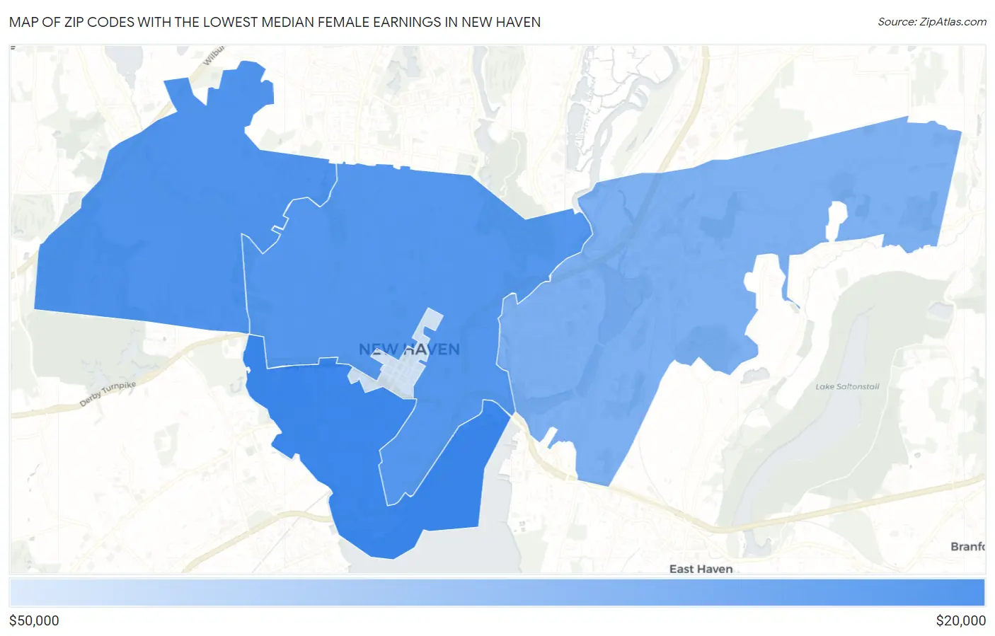 Zip Codes with the Lowest Median Female Earnings in New Haven Map