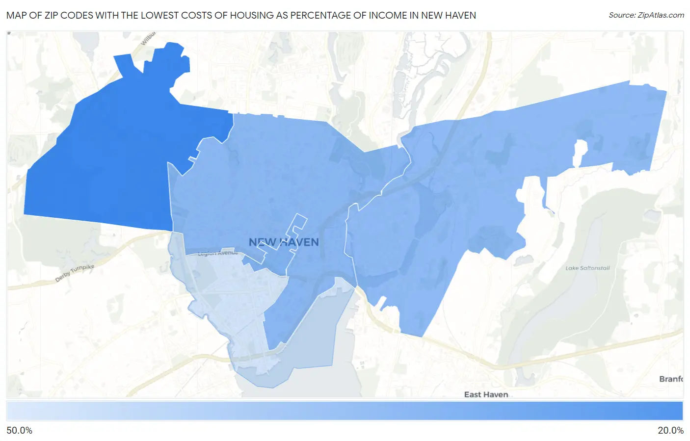 Zip Codes with the Lowest Costs of Housing as Percentage of Income in New Haven Map