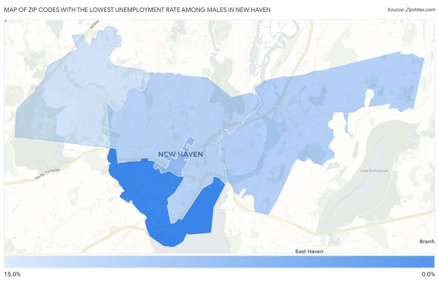 Zip Codes with the Lowest Unemployment Rate Among Males in New Haven Map