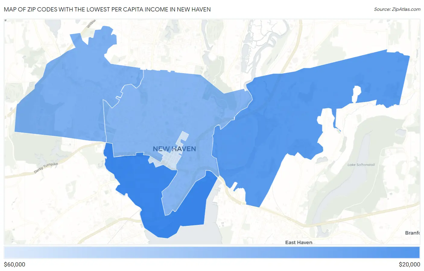 Zip Codes with the Lowest Per Capita Income in New Haven Map