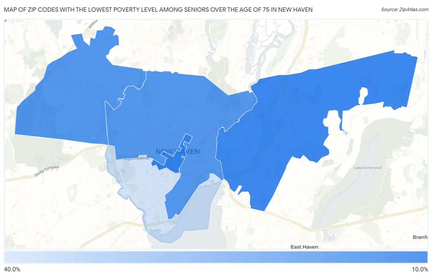 Zip Codes with the Lowest Poverty Level Among Seniors Over the Age of 75 in New Haven Map