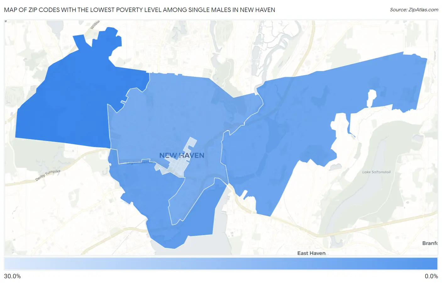 Zip Codes with the Lowest Poverty Level Among Single Males in New Haven Map