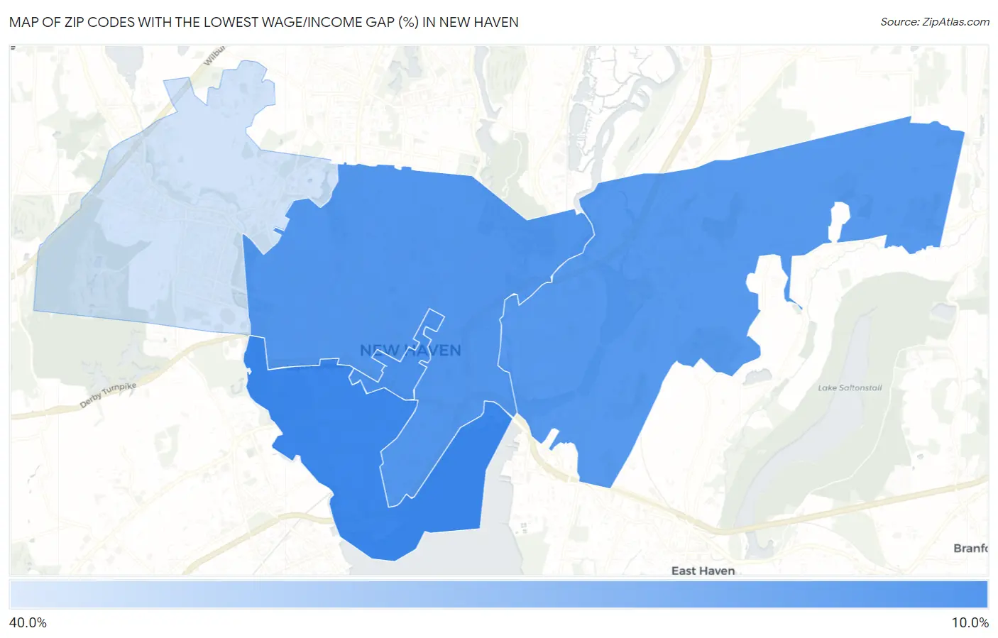 Zip Codes with the Lowest Wage/Income Gap (%) in New Haven Map
