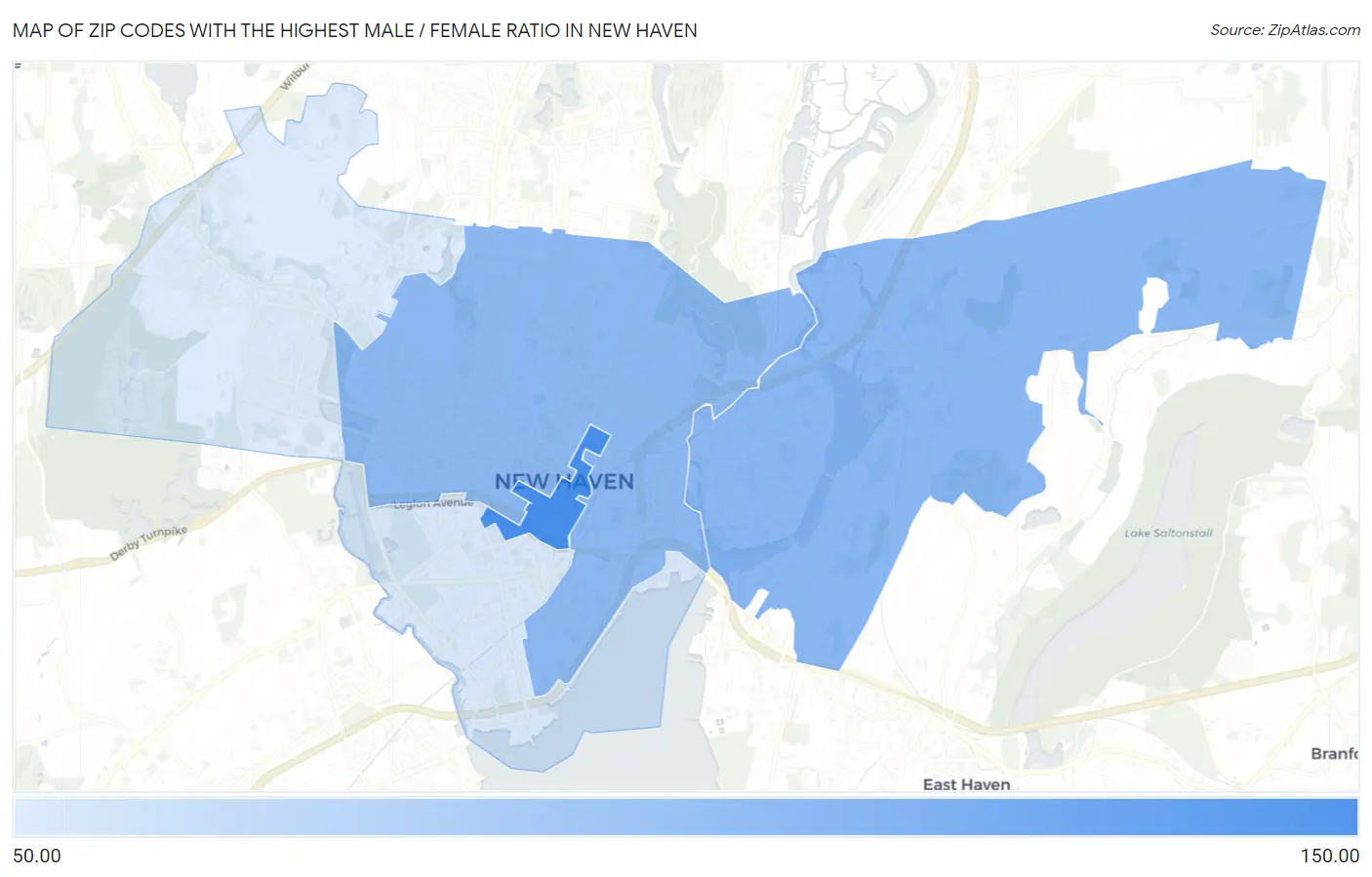 Zip Codes with the Highest Male / Female Ratio in New Haven Map