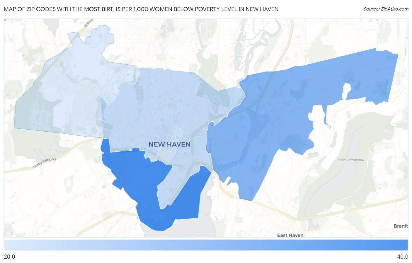 Zip Codes with the Most Births per 1,000 Women Below Poverty Level in New Haven Map