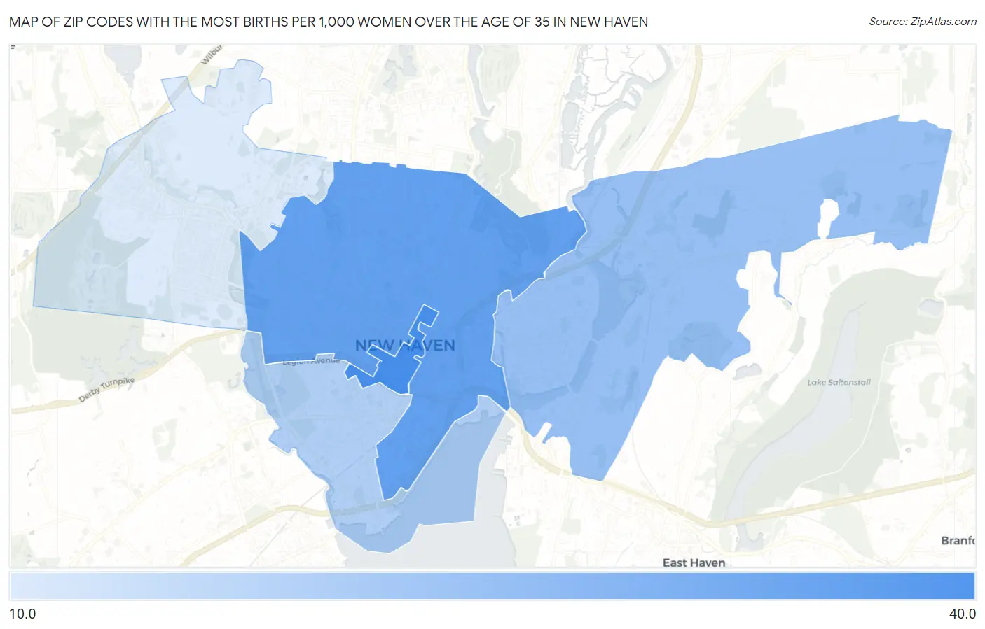 Zip Codes with the Most Births per 1,000 Women Over the Age of 35 in New Haven Map