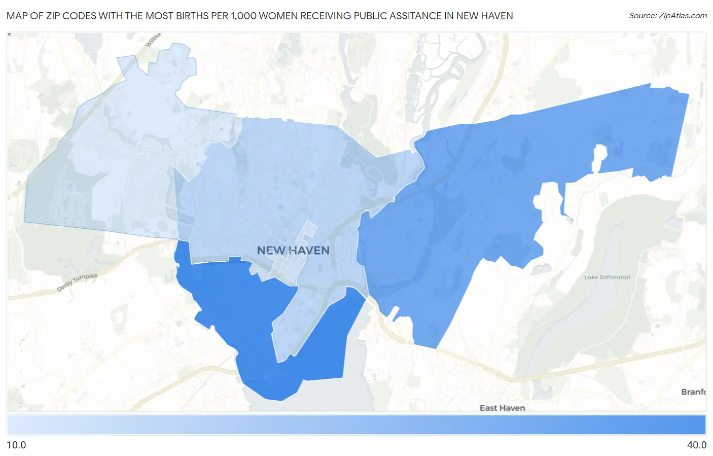Zip Codes with the Most Births per 1,000 Women Receiving Public Assitance in New Haven Map