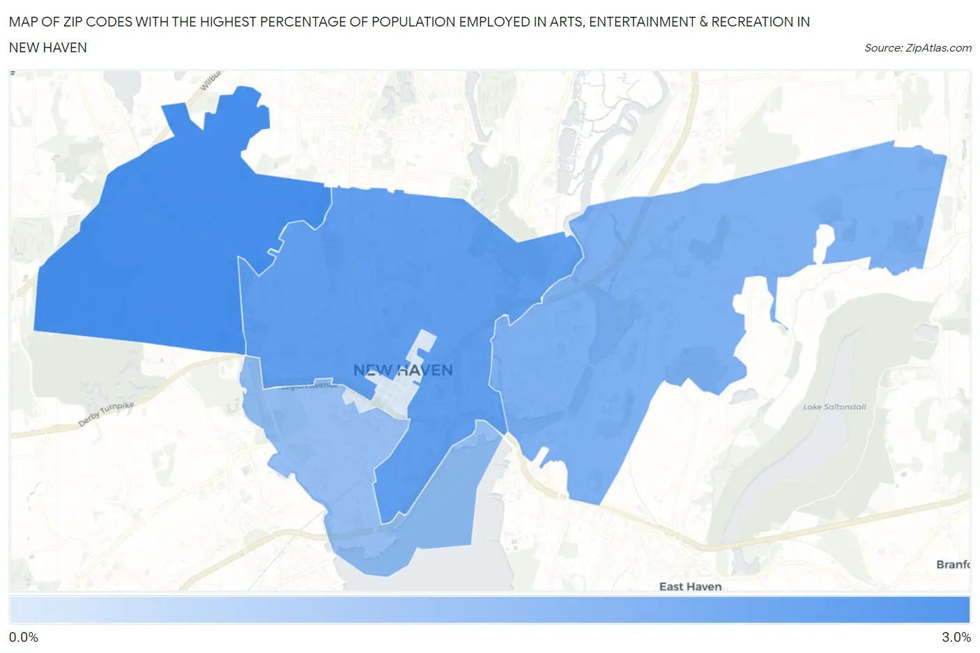 Zip Codes with the Highest Percentage of Population Employed in Arts, Entertainment & Recreation in New Haven Map