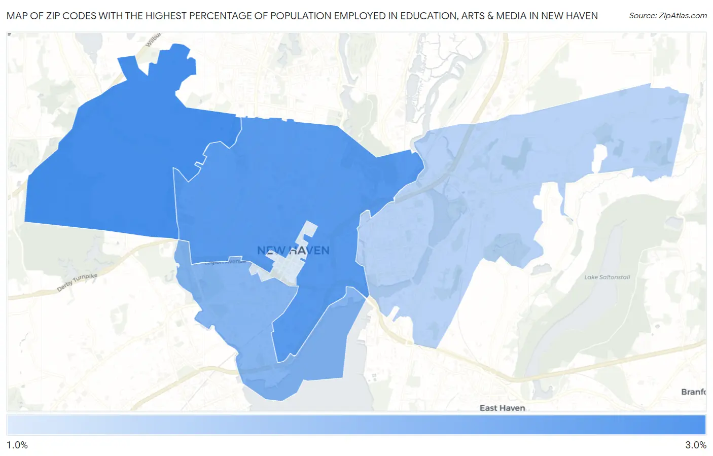 Zip Codes with the Highest Percentage of Population Employed in Education, Arts & Media in New Haven Map