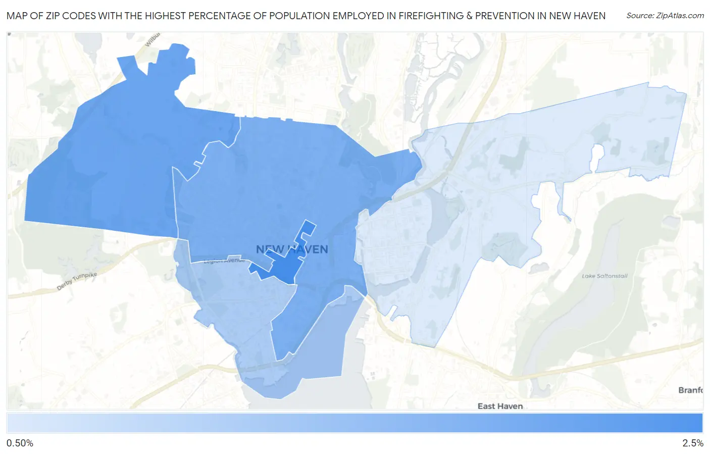 Zip Codes with the Highest Percentage of Population Employed in Firefighting & Prevention in New Haven Map