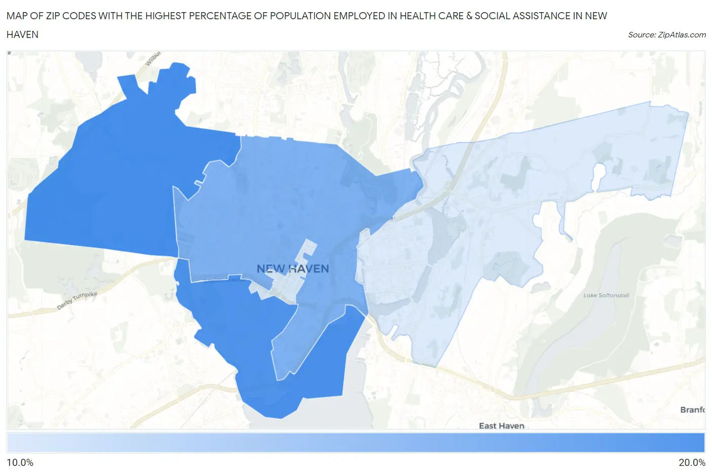 Zip Codes with the Highest Percentage of Population Employed in Health Care & Social Assistance in New Haven Map