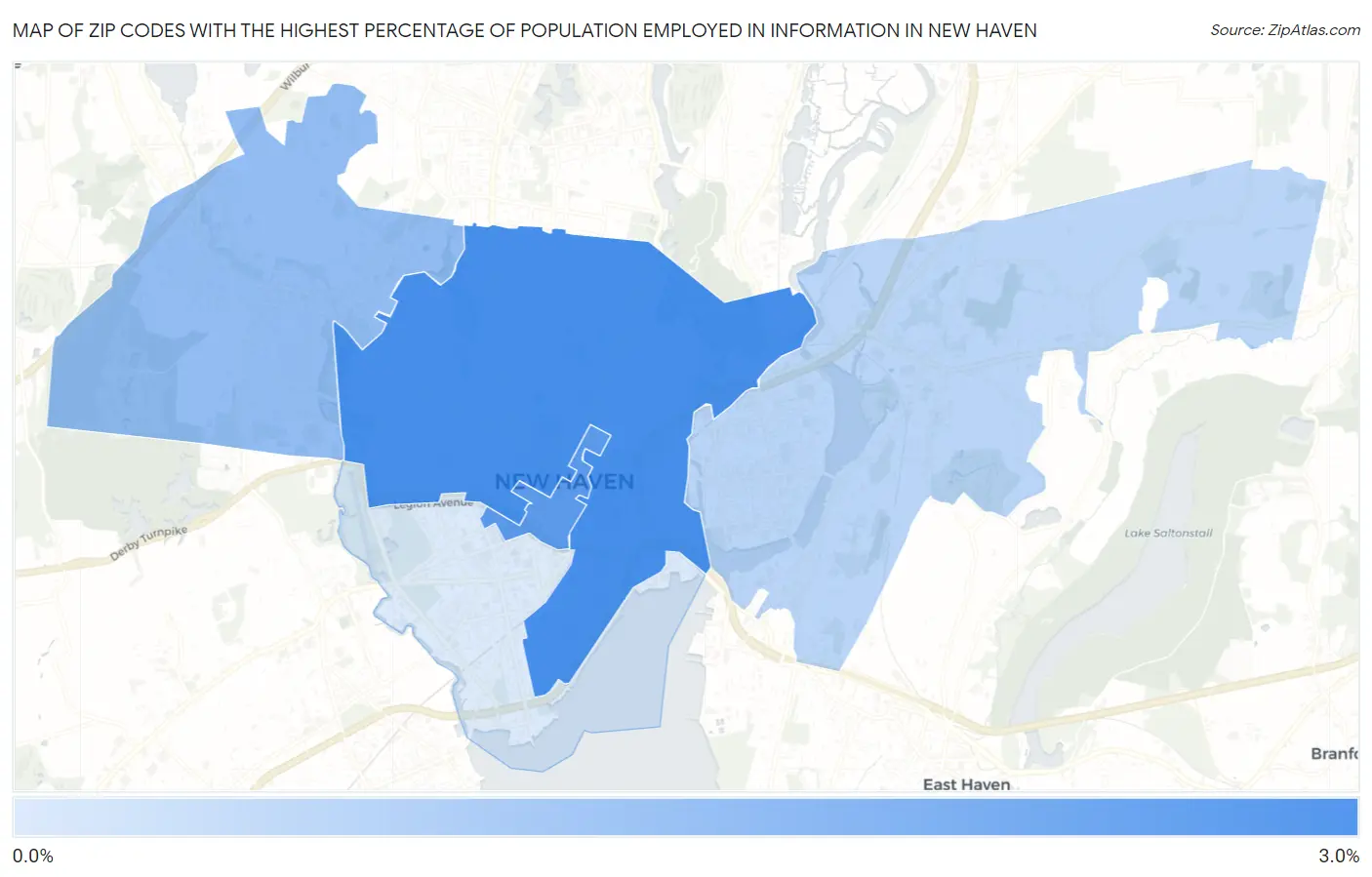 Zip Codes with the Highest Percentage of Population Employed in Information in New Haven Map