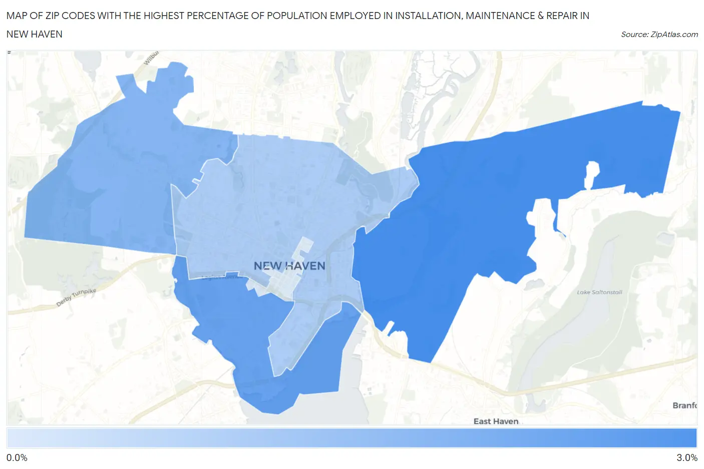 Zip Codes with the Highest Percentage of Population Employed in Installation, Maintenance & Repair in New Haven Map