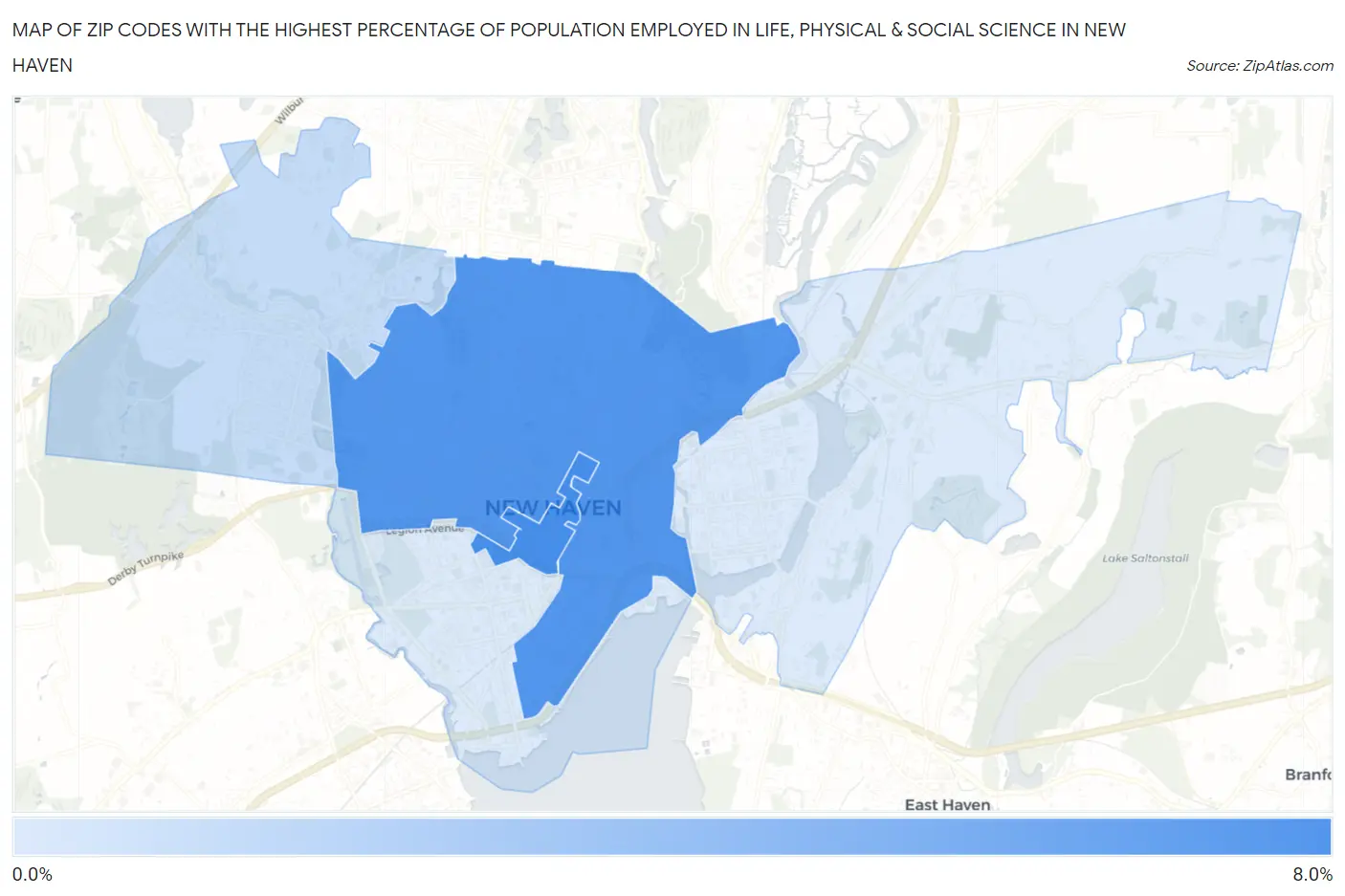 Zip Codes with the Highest Percentage of Population Employed in Life, Physical & Social Science in New Haven Map