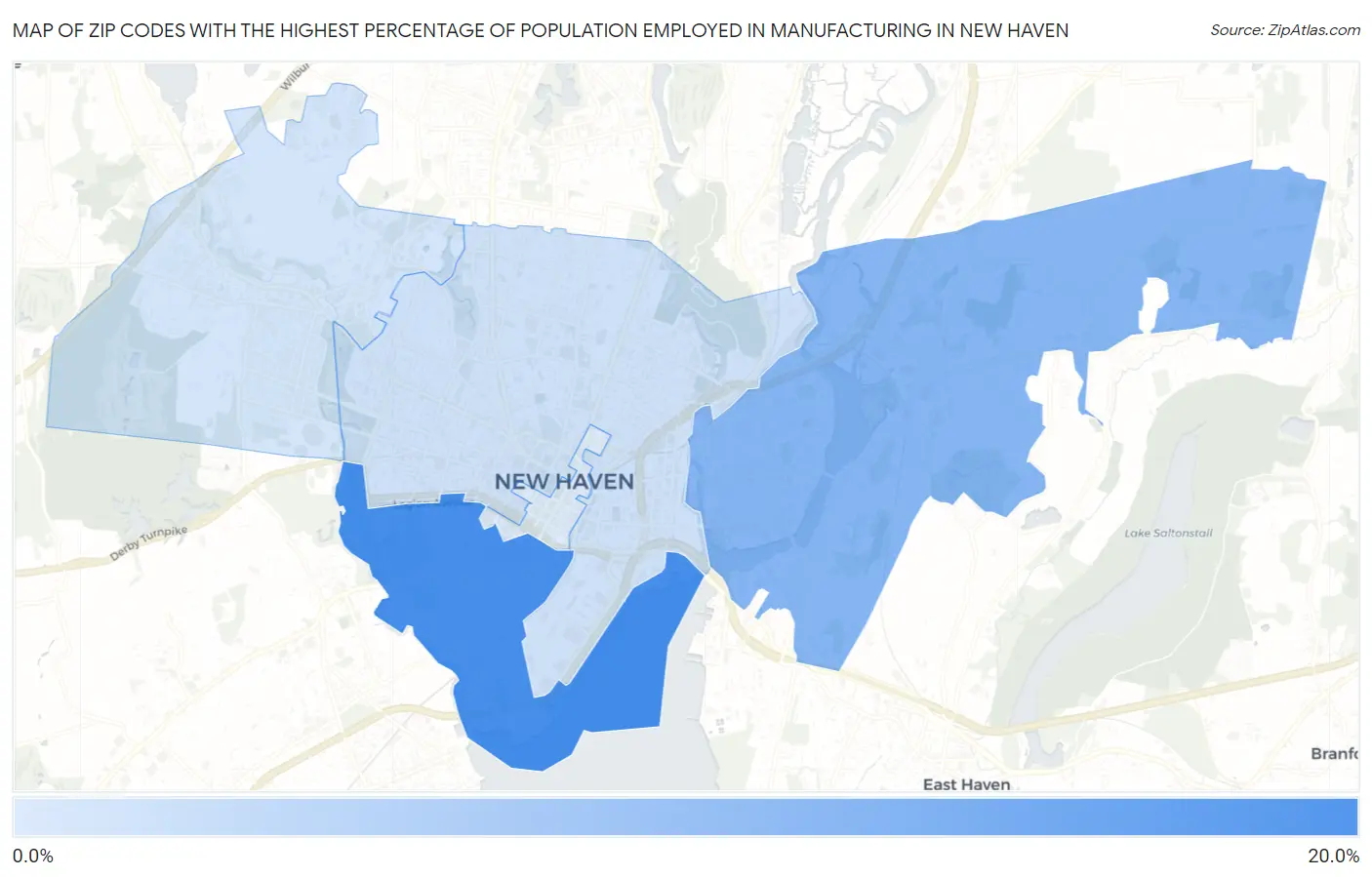 Zip Codes with the Highest Percentage of Population Employed in Manufacturing in New Haven Map
