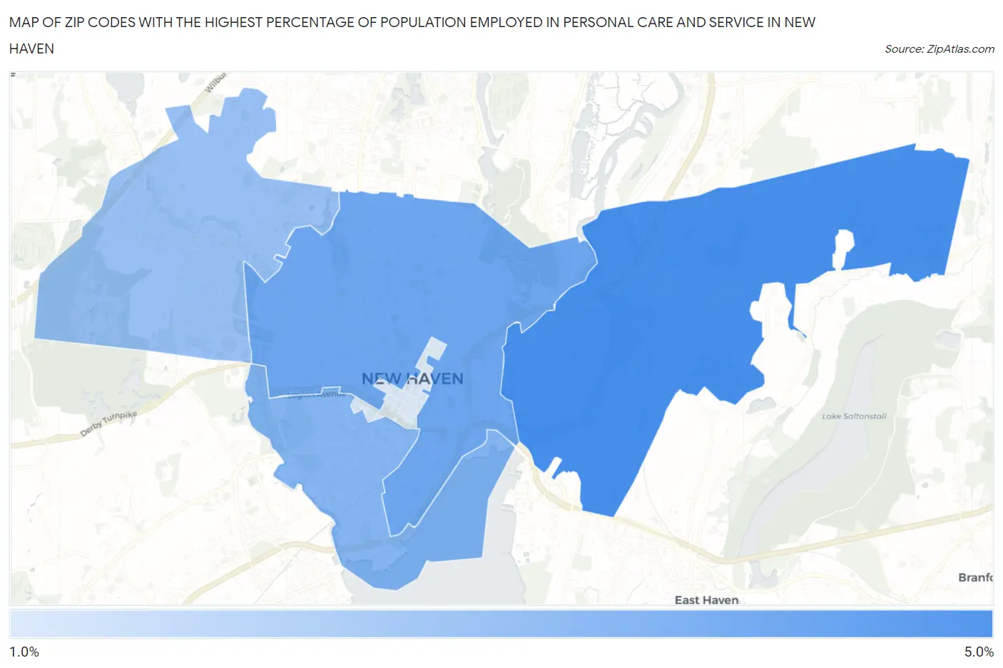 Zip Codes with the Highest Percentage of Population Employed in Personal Care and Service in New Haven Map