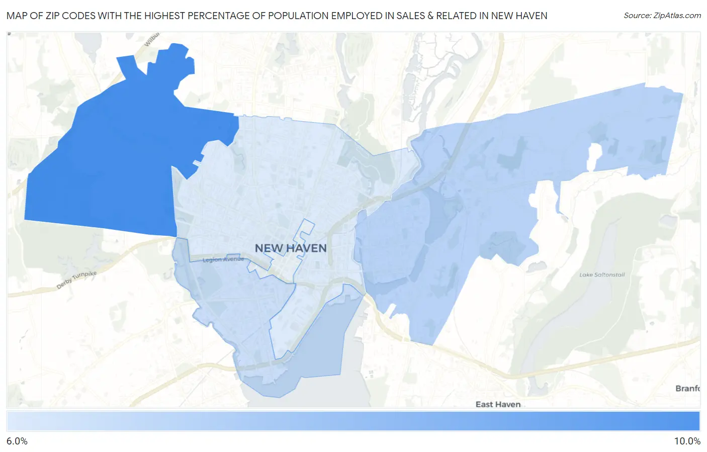 Zip Codes with the Highest Percentage of Population Employed in Sales & Related in New Haven Map