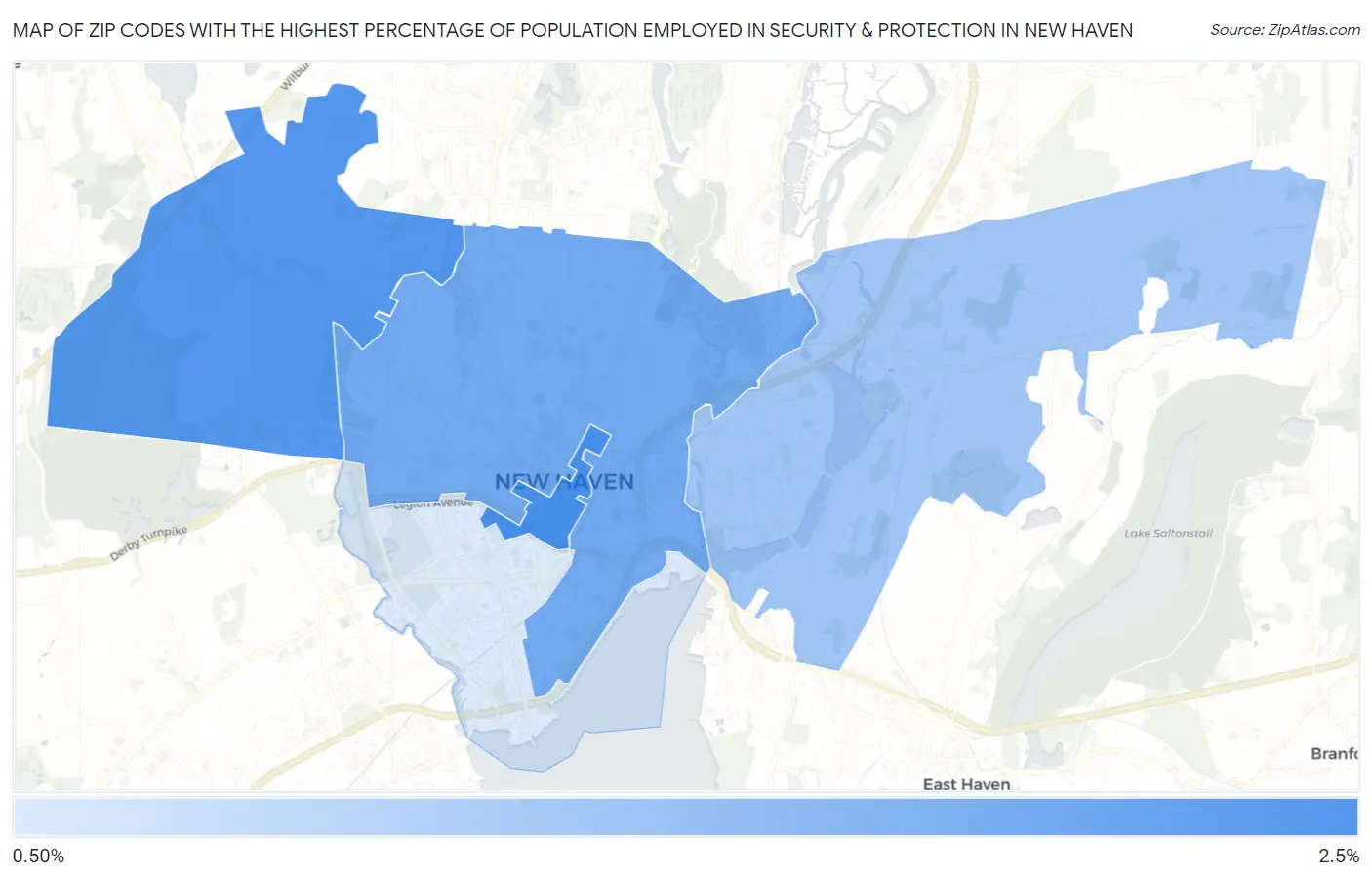 Zip Codes with the Highest Percentage of Population Employed in Security & Protection in New Haven Map