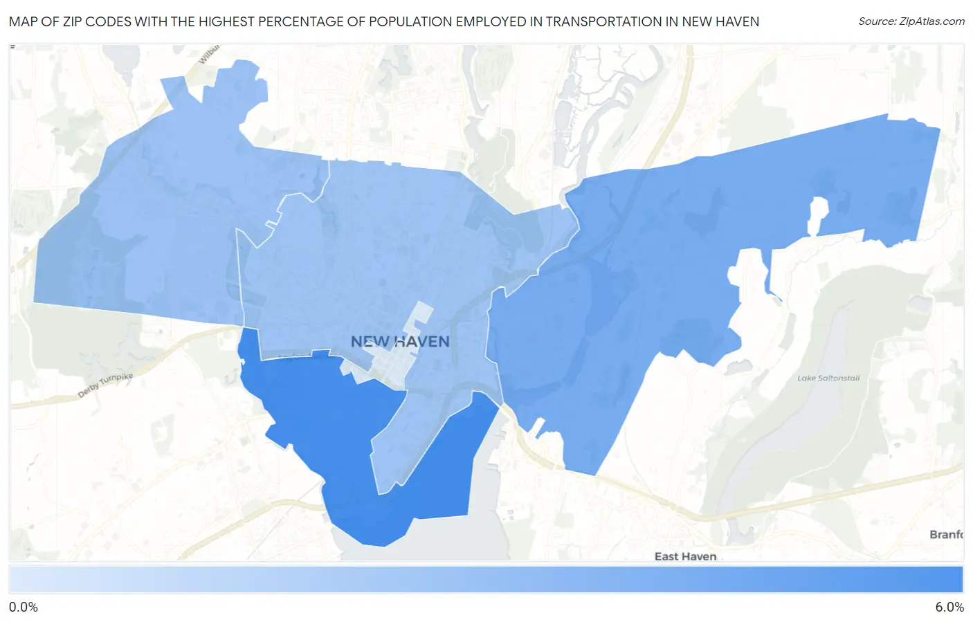 Zip Codes with the Highest Percentage of Population Employed in Transportation in New Haven Map
