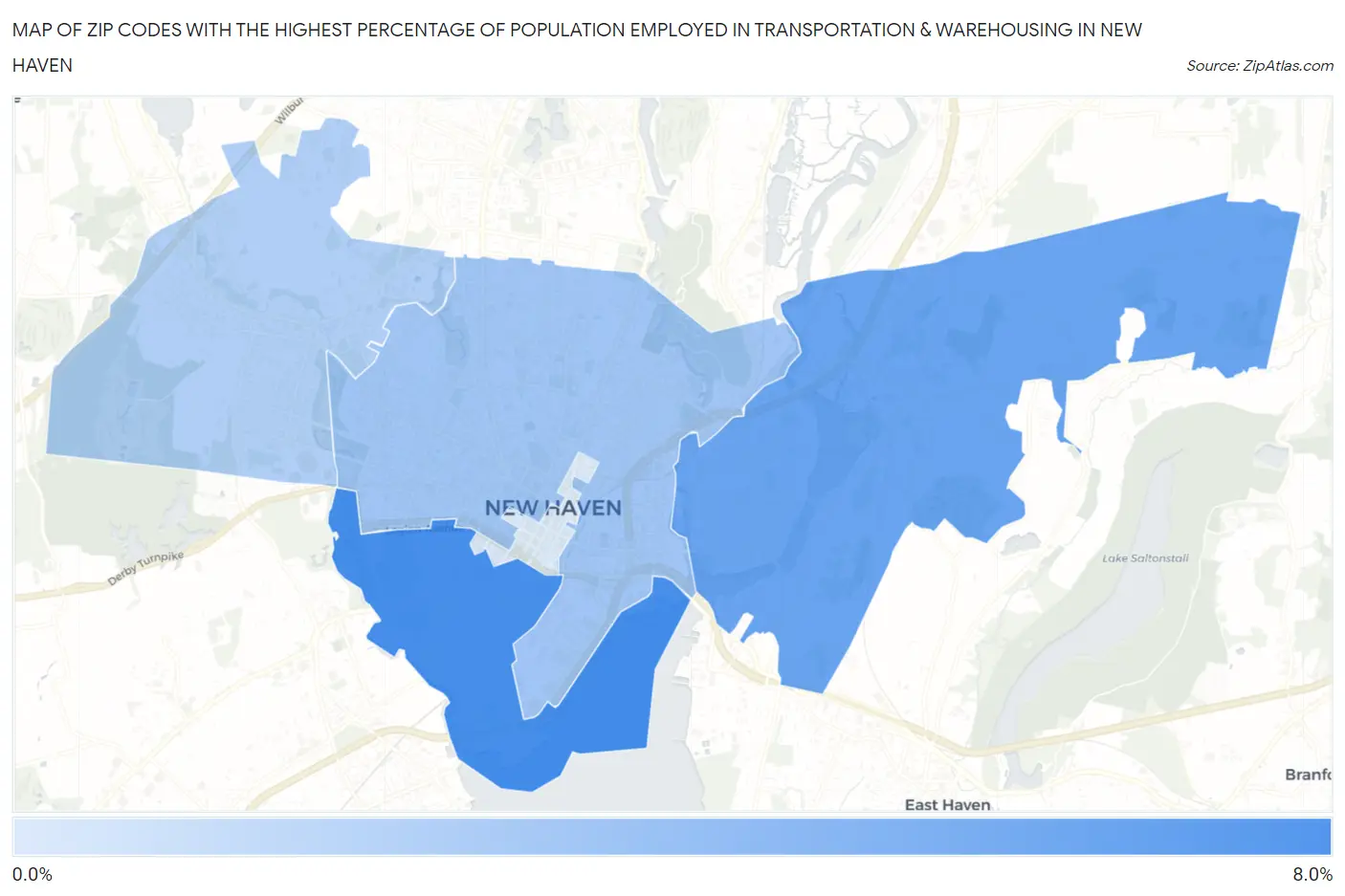 Zip Codes with the Highest Percentage of Population Employed in Transportation & Warehousing in New Haven Map