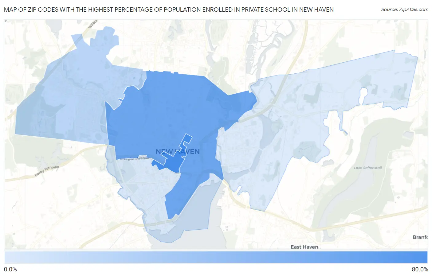 Zip Codes with the Highest Percentage of Population Enrolled in Private School in New Haven Map