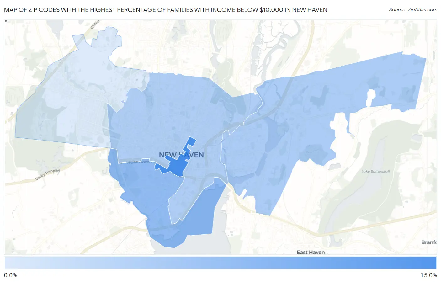 Zip Codes with the Highest Percentage of Families with Income Below $10,000 in New Haven Map