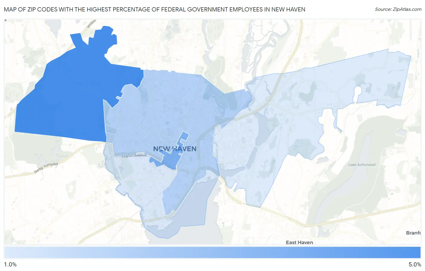 Zip Codes with the Highest Percentage of Federal Government Employees in New Haven Map