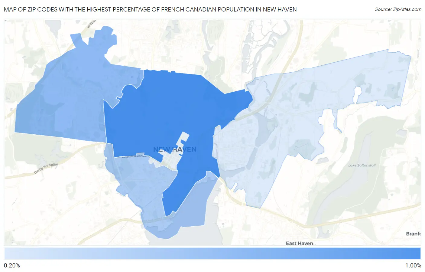 Zip Codes with the Highest Percentage of French Canadian Population in New Haven Map