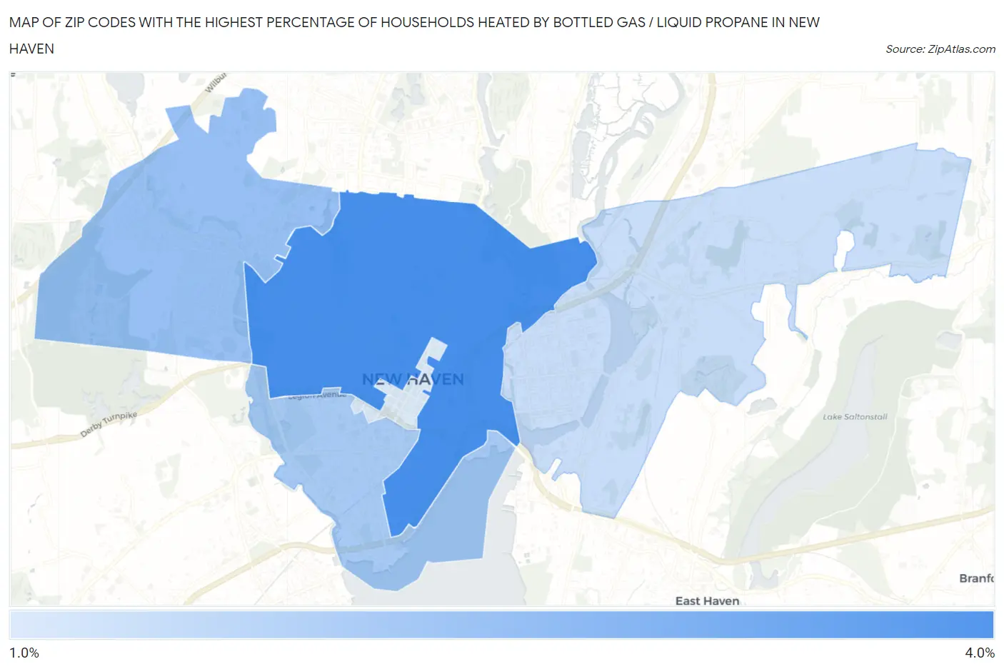 Zip Codes with the Highest Percentage of Households Heated by Bottled Gas / Liquid Propane in New Haven Map