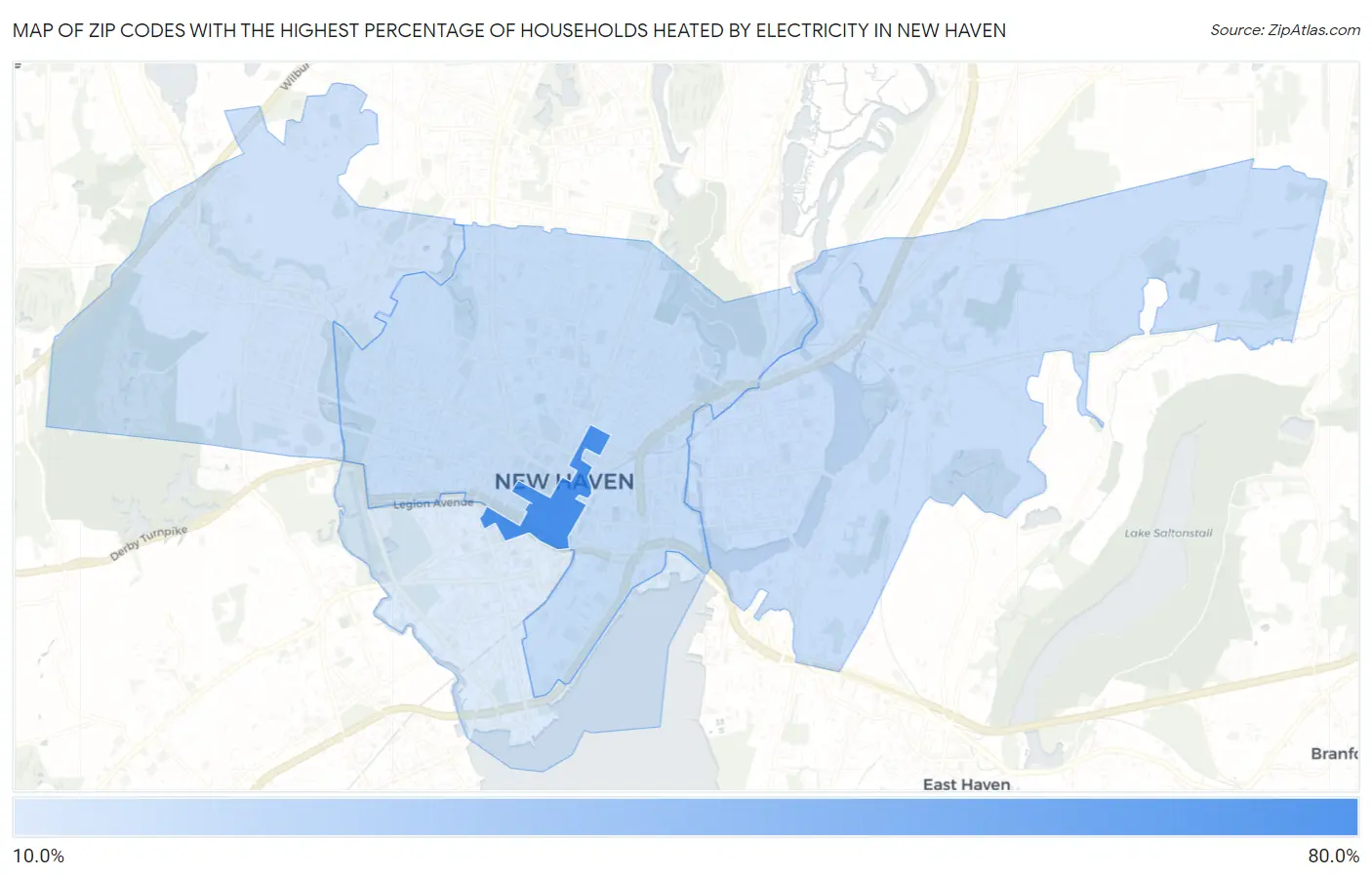 Zip Codes with the Highest Percentage of Households Heated by Electricity in New Haven Map