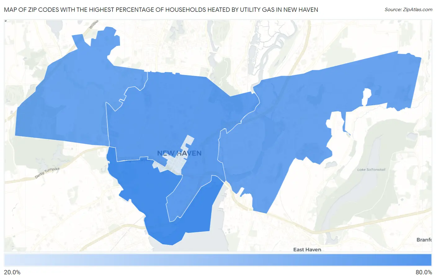Zip Codes with the Highest Percentage of Households Heated by Utility Gas in New Haven Map